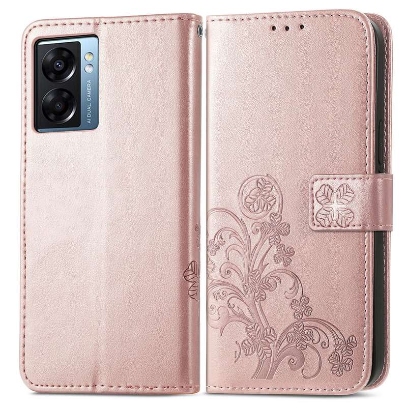For OPPO A57 5G Four-leaf Clasp Embossed Buckle Leather Phone Case(Rose Red)