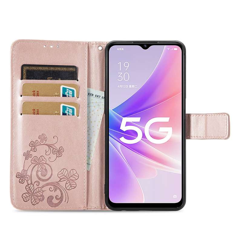 For OPPO A57 5G Four-leaf Clasp Embossed Buckle Leather Phone Case(Rose Red)