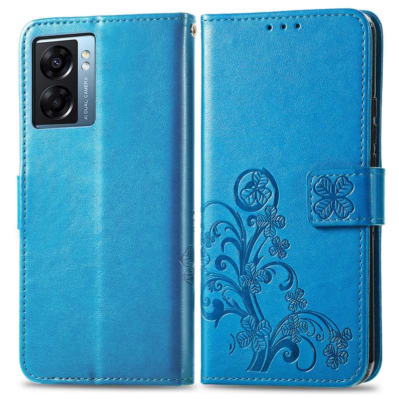 For OPPO A57 5G Four-leaf Clasp Embossed Buckle Leather Phone Case(Rose Red)