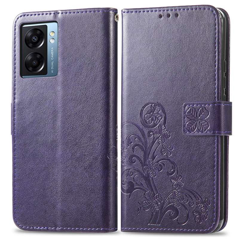 For OPPO A57 5G Four-leaf Clasp Embossed Buckle Leather Phone Case(Rose Red)
