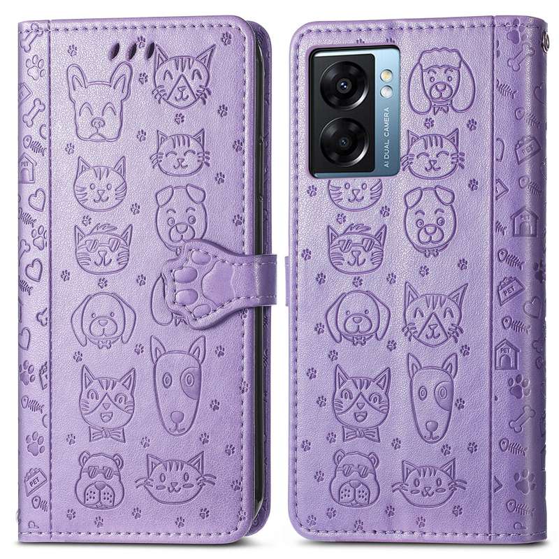For OPPO A57 5G Cute Cat and Dog Embossed Horizontal Flip Leather Case(Purple)