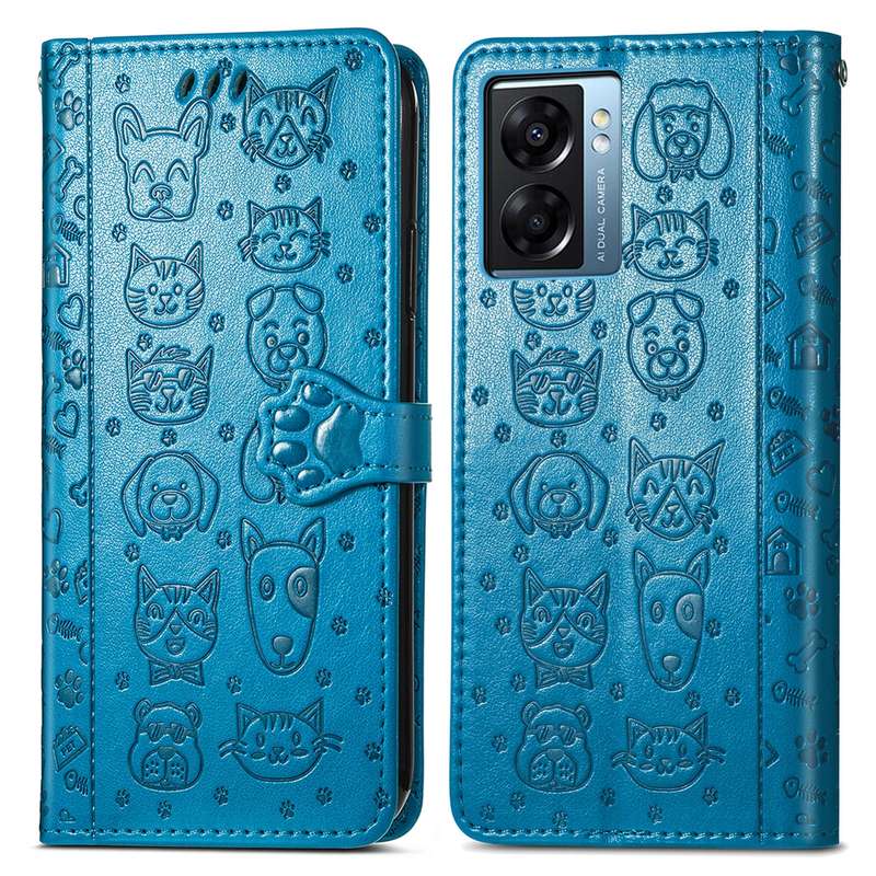 For OPPO A57 5G Cute Cat and Dog Embossed Horizontal Flip Leather Case(Purple)