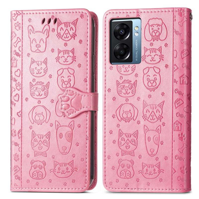 For OPPO A57 5G Cute Cat and Dog Embossed Horizontal Flip Leather Case(Purple)