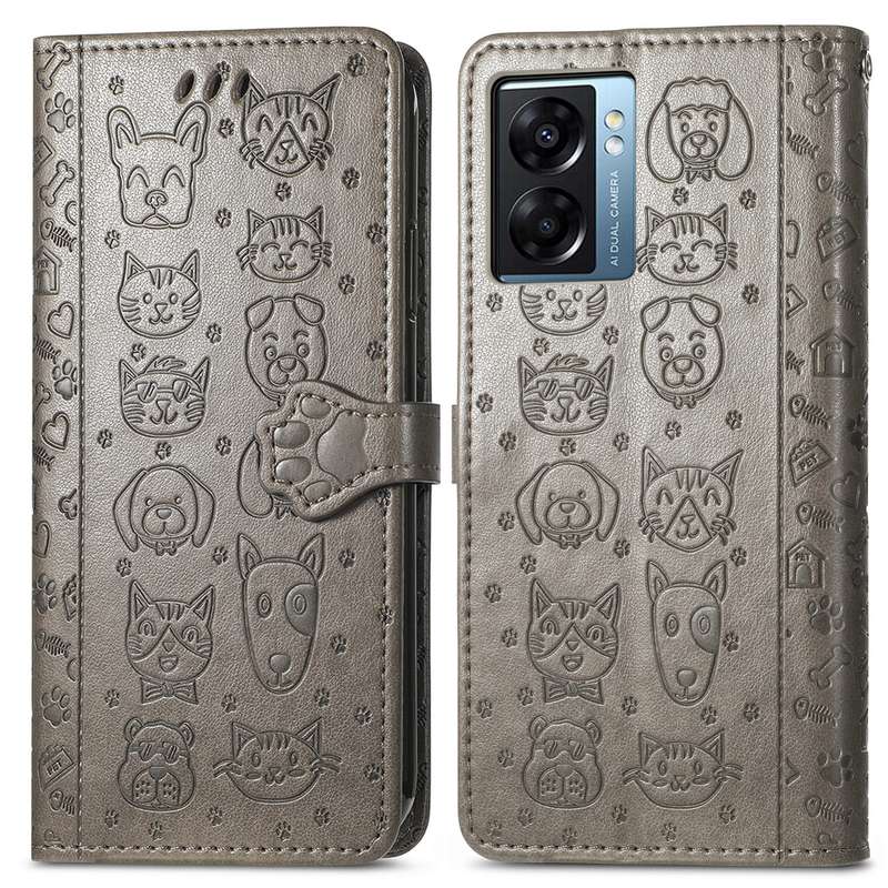 For OPPO A57 5G Cute Cat and Dog Embossed Horizontal Flip Leather Case(Purple)