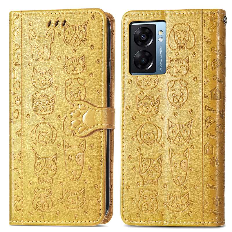 For OPPO A57 5G Cute Cat and Dog Embossed Horizontal Flip Leather Case(Purple)
