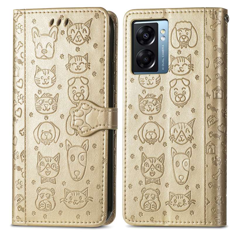 For OPPO A57 5G Cute Cat and Dog Embossed Horizontal Flip Leather Case(Purple)