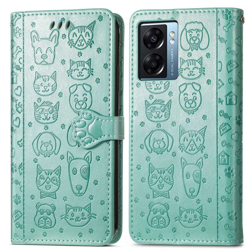 For OPPO A57 5G Cute Cat and Dog Embossed Horizontal Flip Leather Case(Purple)