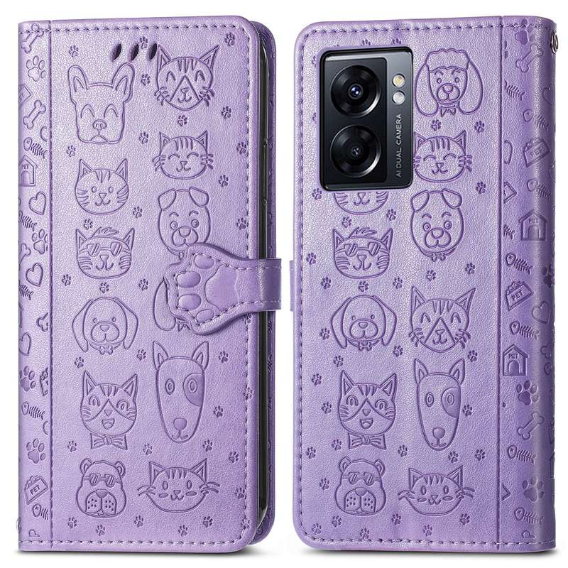 For OPPO A77 Cute Cat and Dog Embossed Horizontal Flip Leather Case(Pink)