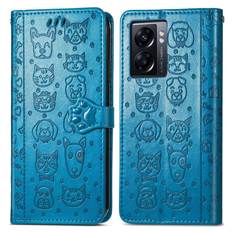 For OPPO A77 Cute Cat and Dog Embossed Horizontal Flip Leather Case(Pink)