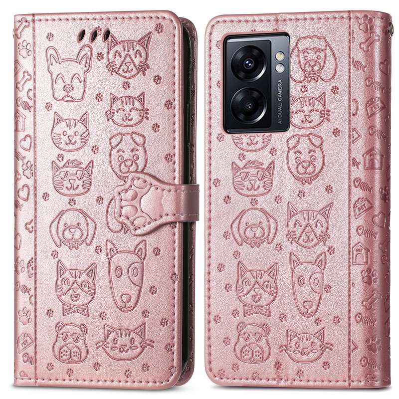 For OPPO A77 Cute Cat and Dog Embossed Horizontal Flip Leather Case(Pink)