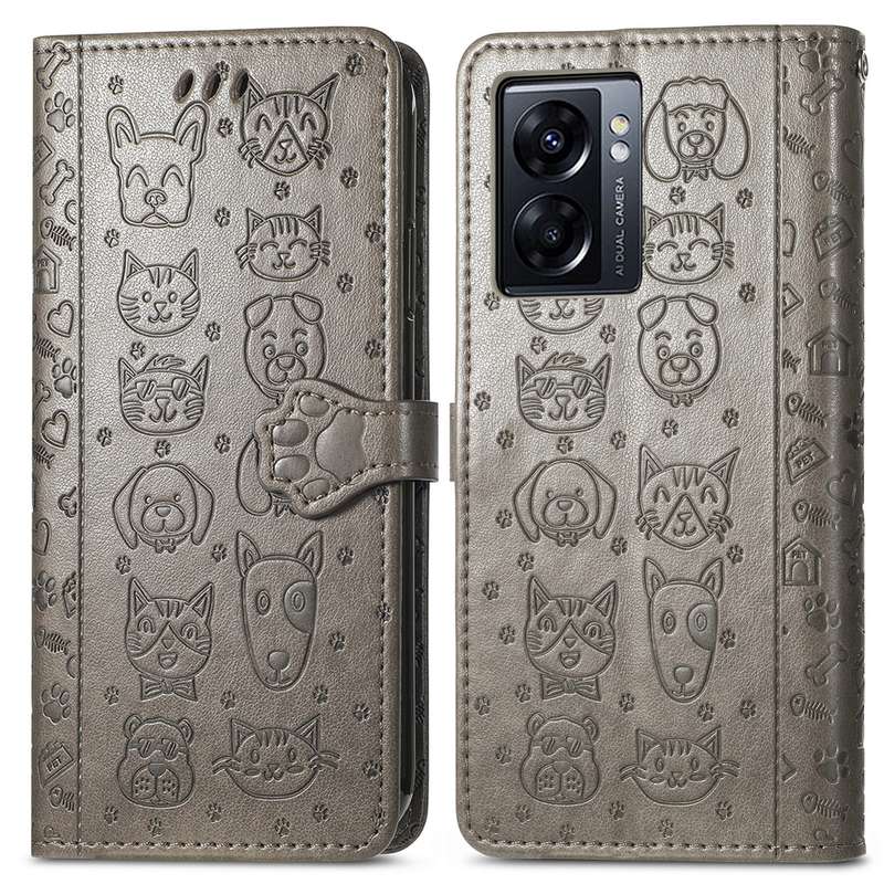 For OPPO A77 Cute Cat and Dog Embossed Horizontal Flip Leather Case(Pink)
