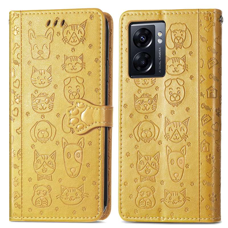 For OPPO A77 Cute Cat and Dog Embossed Horizontal Flip Leather Case(Pink)
