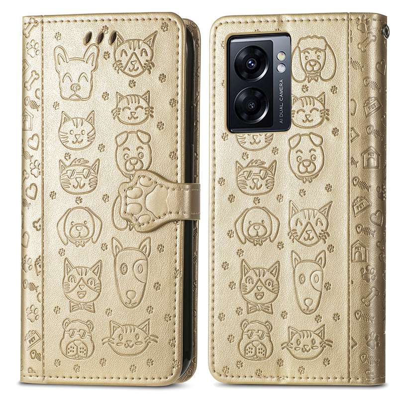For OPPO A77 Cute Cat and Dog Embossed Horizontal Flip Leather Case(Pink)
