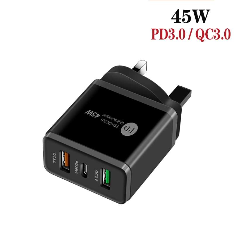 45W PD3.0 + 2 x QC3.0 USB Multi Port Charger with Type-C to 8 Pin Cable, UK Plug(White)