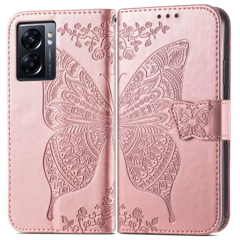 For OPPO A77 Butterfly Love Flower Embossed Flip Leather Phone Case(Rose Gold)