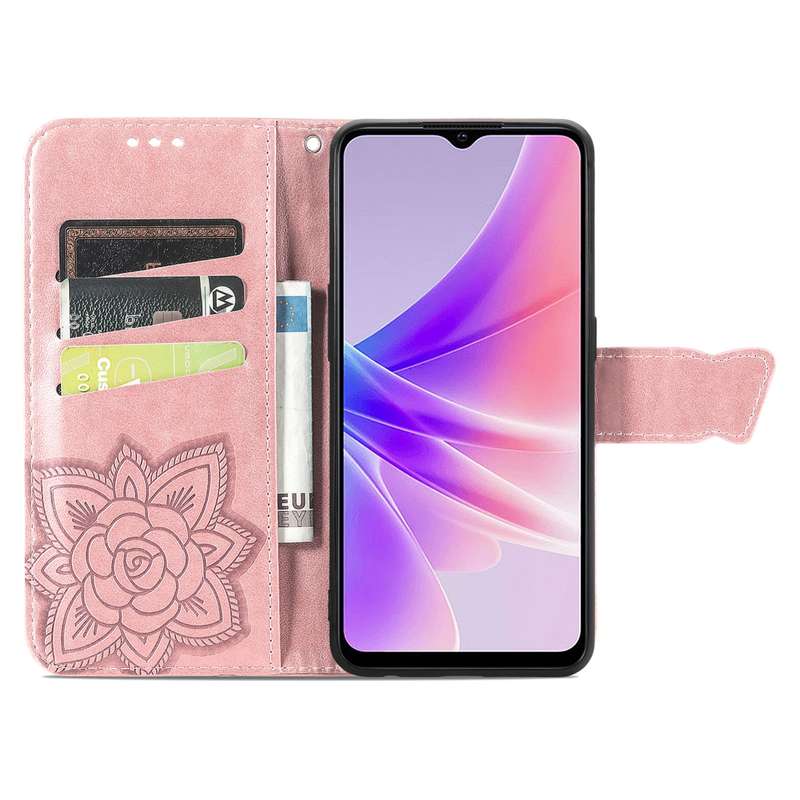 For OPPO A77 Butterfly Love Flower Embossed Flip Leather Phone Case(Rose Gold)