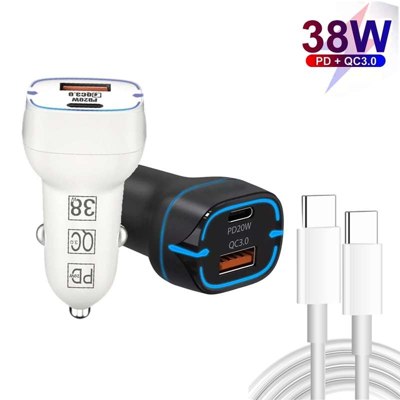 38W PD20W + QC3.0 USB Car Charger with Type-C to Type-C Data Cable, Length: 1m(White)