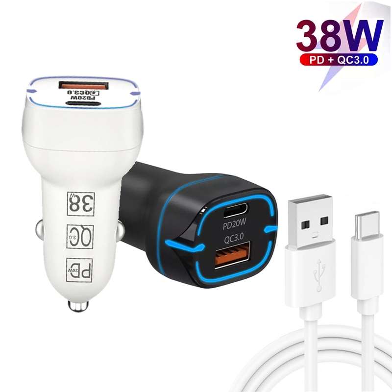 38W PD20W + QC3.0 USB Car Charger with USB to Type-C Data Cable, Length: 1m(White)