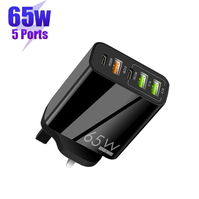 65W Dual PD Type-C + 3 x USB Multi Port Charger for Phone and Tablet PC, UK Plug(Black)