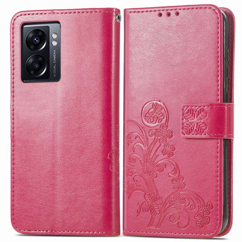 For OPPO A77 Four-leaf Clasp Embossed Buckle Leather Phone Case(Rose Gold)