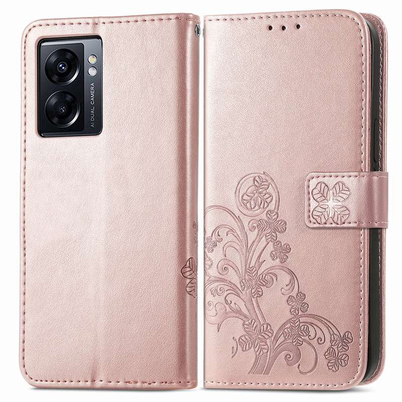 For OPPO A77 Four-leaf Clasp Embossed Buckle Leather Phone Case(Rose Gold)