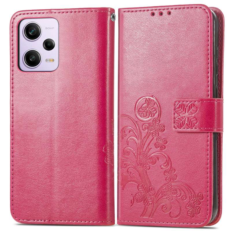 For Xiaomi Redmi Note 12 Pro+ China Four-leaf Clasp Embossed Buckle Leather Phone Case(Rose Gold)