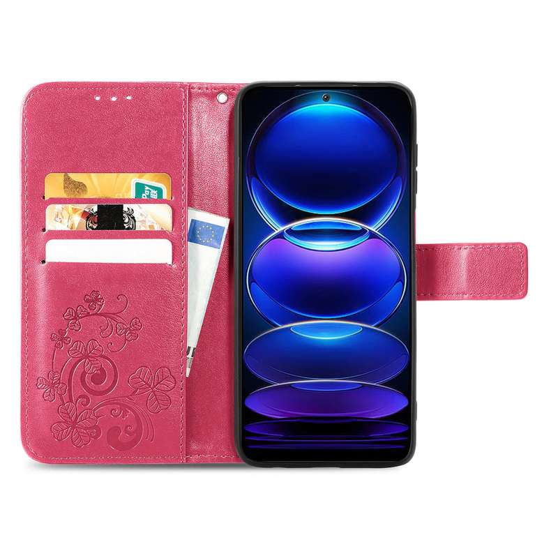 For Xiaomi Redmi Note 12 Pro+ China Four-leaf Clasp Embossed Buckle Leather Phone Case(Rose Gold)