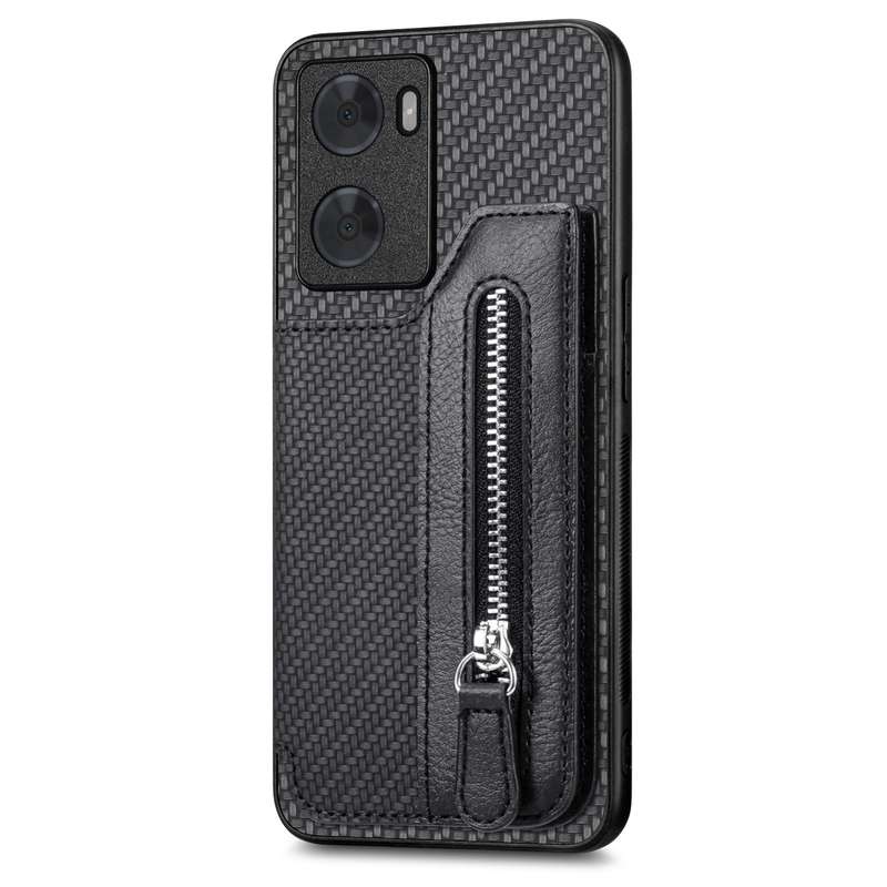 For OPPO A57 4G Carbon Fiber Flip Zipper Wallet Phone Case(Black)