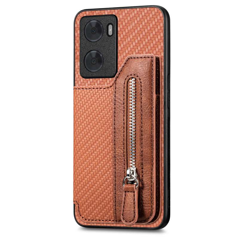 For OPPO A57 4G Carbon Fiber Flip Zipper Wallet Phone Case(Black)