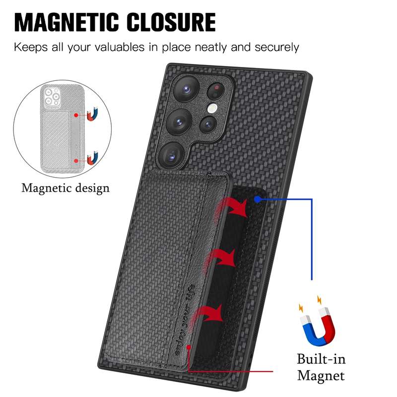 For Samsung Galaxy S22 Ultra 5G Carbon Fiber Magnetic Card Wallet Bag Phone Case(Black)