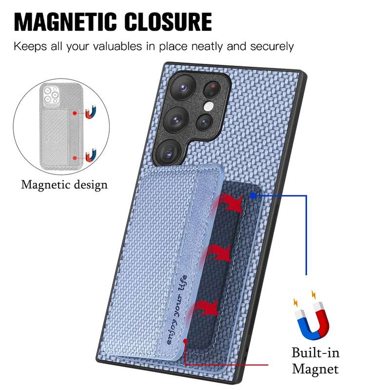 For Samsung Galaxy S22 Ultra 5G Carbon Fiber Magnetic Card Wallet Bag Phone Case(Black)