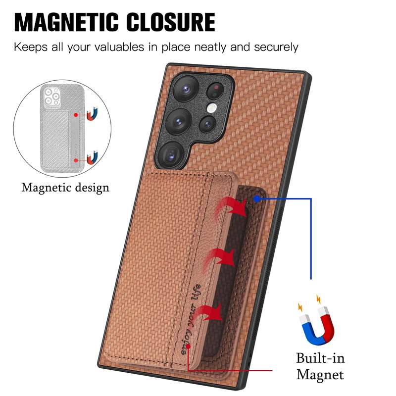 For Samsung Galaxy S22 Ultra 5G Carbon Fiber Magnetic Card Wallet Bag Phone Case(Black)