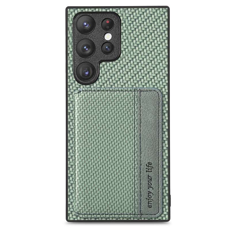 For Samsung Galaxy S22 Ultra 5G Carbon Fiber Magnetic Card Wallet Bag Phone Case(Black)