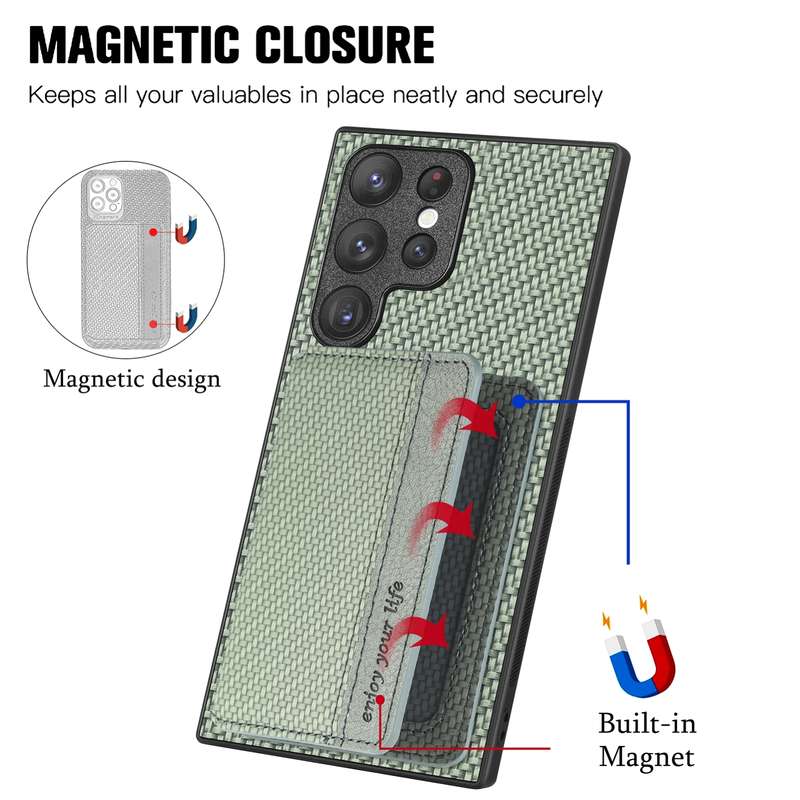 For Samsung Galaxy S22 Ultra 5G Carbon Fiber Magnetic Card Wallet Bag Phone Case(Black)