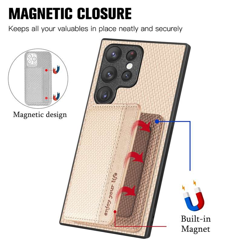 For Samsung Galaxy S22 Ultra 5G Carbon Fiber Magnetic Card Wallet Bag Phone Case(Black)