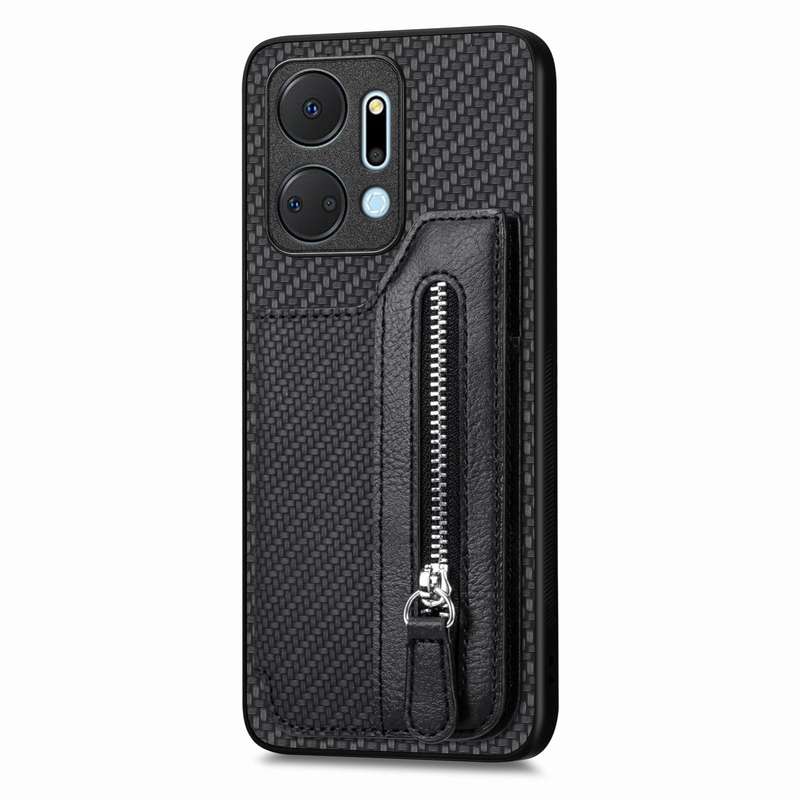 For Honor X7A Carbon Fiber Horizontal Flip Zipper Wallet Phone Case(Khaki)