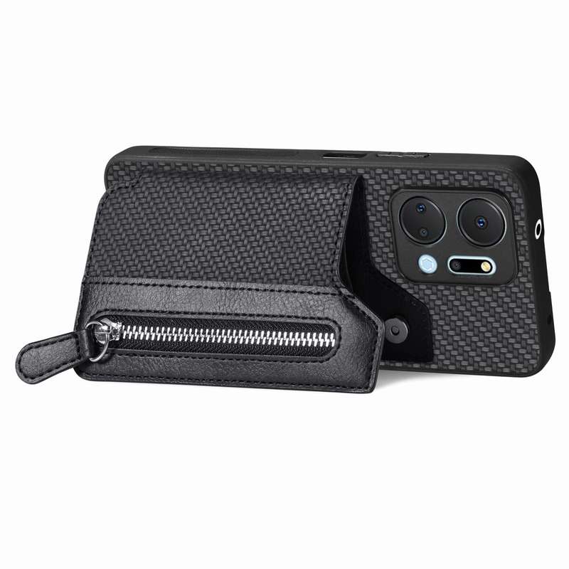 For Honor X7A Carbon Fiber Horizontal Flip Zipper Wallet Phone Case(Khaki)