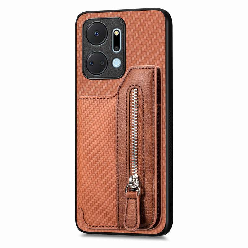 For Honor X7A Carbon Fiber Horizontal Flip Zipper Wallet Phone Case(Khaki)