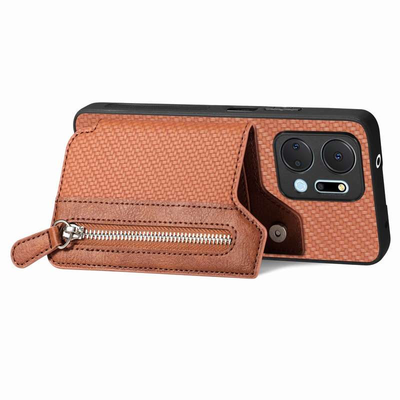 For Honor X7A Carbon Fiber Horizontal Flip Zipper Wallet Phone Case(Khaki)