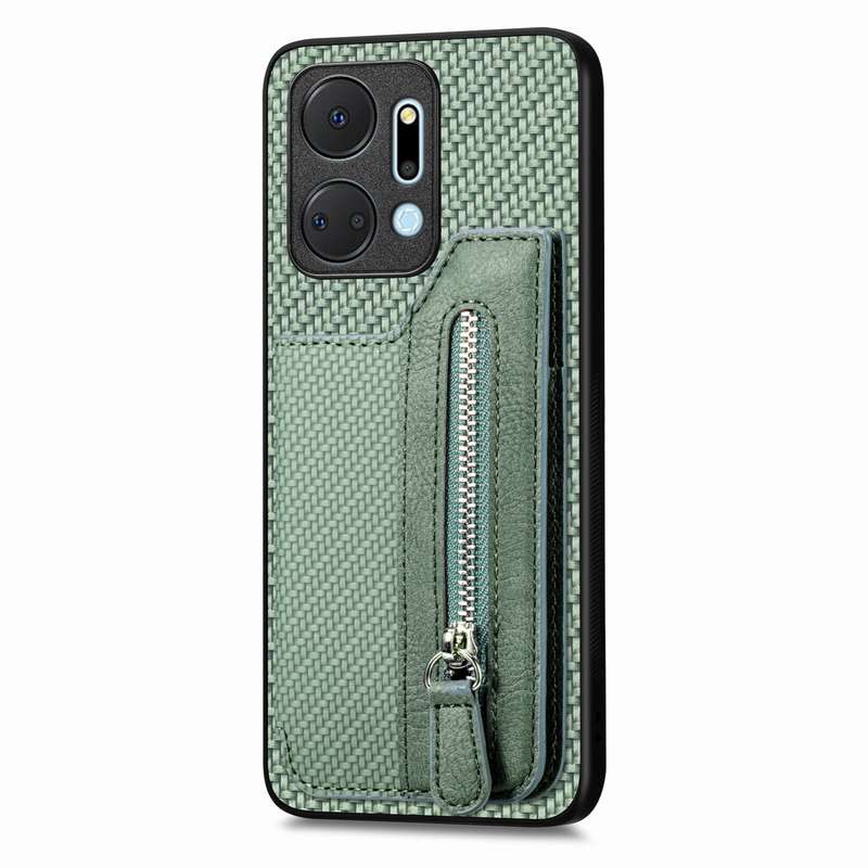 For Honor X7A Carbon Fiber Horizontal Flip Zipper Wallet Phone Case(Khaki)