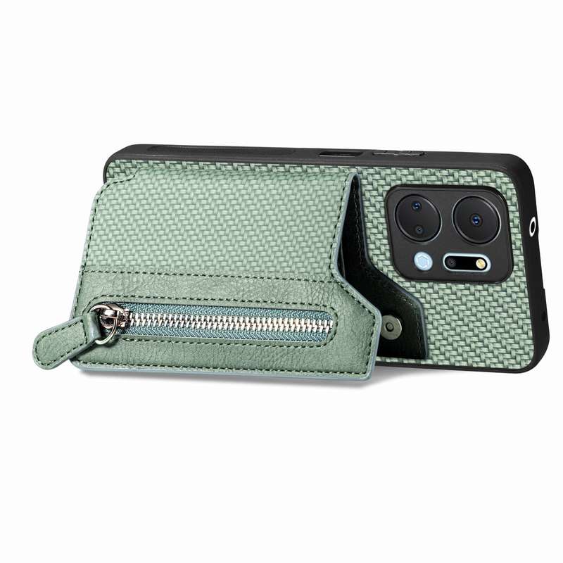For Honor X7A Carbon Fiber Horizontal Flip Zipper Wallet Phone Case(Khaki)
