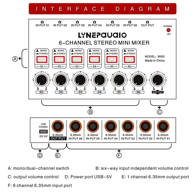 B020 Mini 6-Channel Stereo Audio Mixer Musical Instrument Mixer Electric Wind Electric Guitar Electr