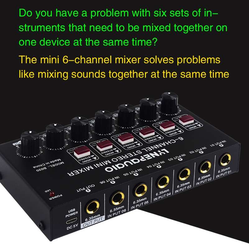 B020 Mini 6-Channel Stereo Audio Mixer Musical Instrument Mixer Electric Wind Electric Guitar Electr