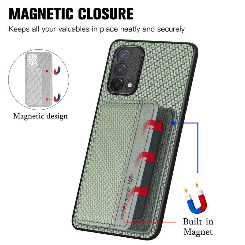 For OPPO A74 5G Carbon Fiber Magnetic Card Bag Phone Case(Green)