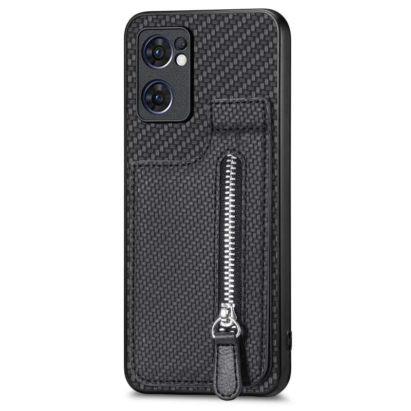 For OPPO Reno7 5G Carbon Fiber Vertical Flip Zipper Phone Case(Brown)