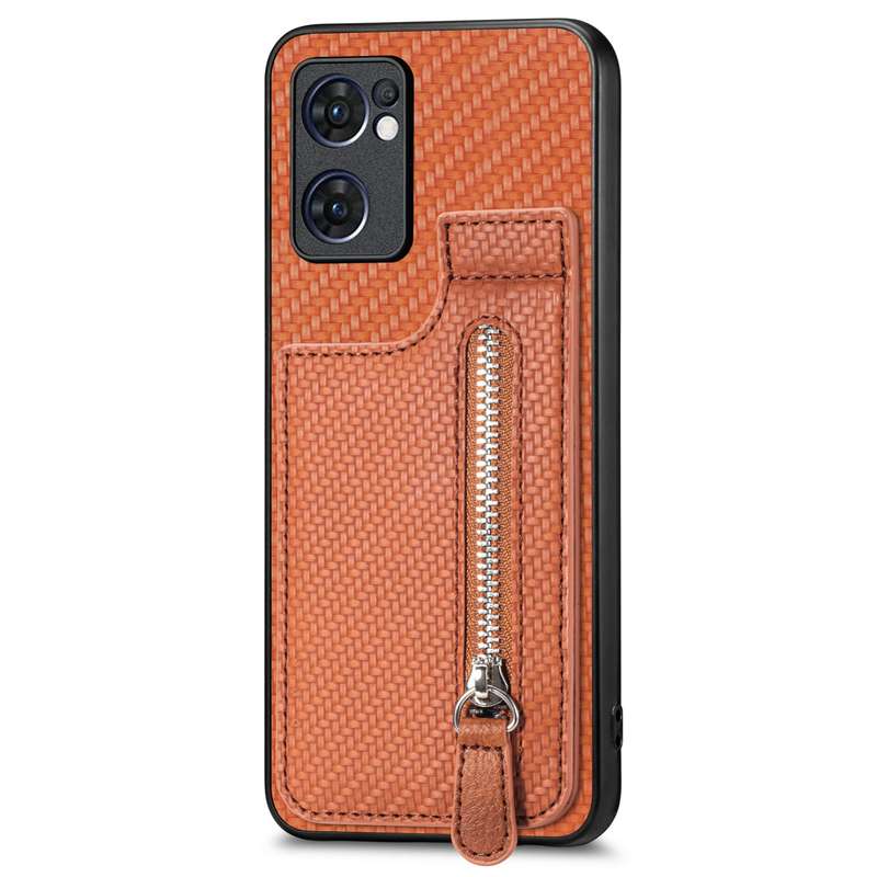 For OPPO Reno7 5G Carbon Fiber Vertical Flip Zipper Phone Case(Brown)