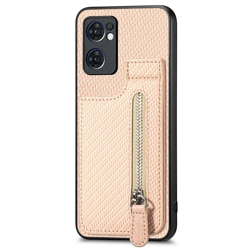 For OPPO Reno7 5G Carbon Fiber Vertical Flip Zipper Phone Case(Brown)