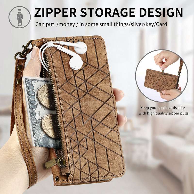 For Realme Note 50 Geometric Zipper Wallet Side Buckle Leather Phone Case(Brown)