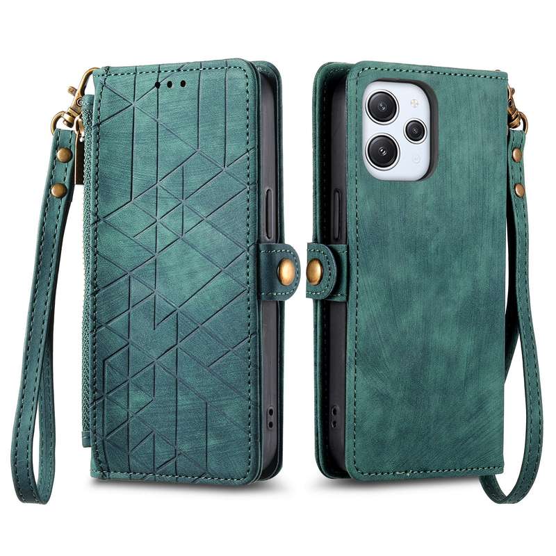 For Xiaomi Redmi 12 Geometric Zipper Wallet Side Buckle Leather Phone Case(Black)