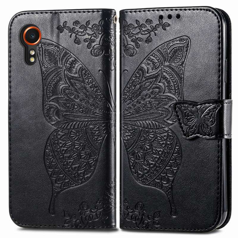 For Samsung Galaxy Xcover 7 Butterfly Love Flower Embossed Leather Phone Case(Black)